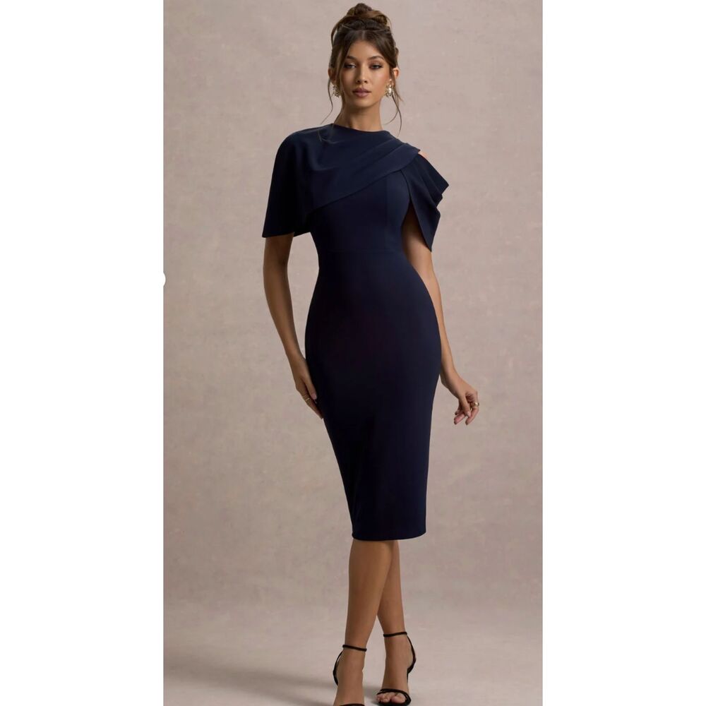 NWT Club L London Navy Draped Midi Dress With Cape | Size US 4 - Picture 2 of 8